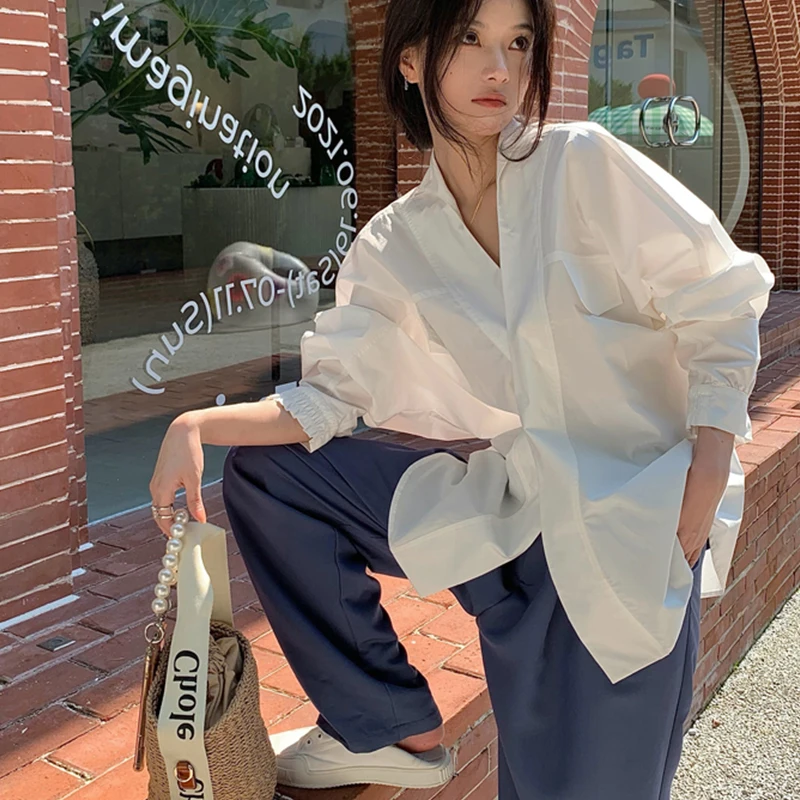 

V-neck Loose Long-Sleeved Shirt Women's 2022 Spring And Summer New Korean Style Shirt White High-End Fashion Shirt