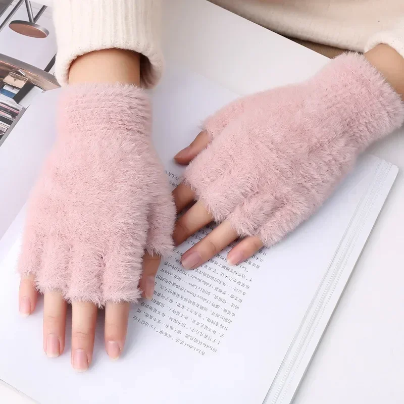Fleece fingerless gloves Wool gloves Fingerless gloves Half finger gloves Winter gloves Touch screen gloves Women Men Half Finger Winter Imitation Mink Cashmere Gloves Touch Screen Writing Woolen Warm Mittens Driving Outdoor Sports