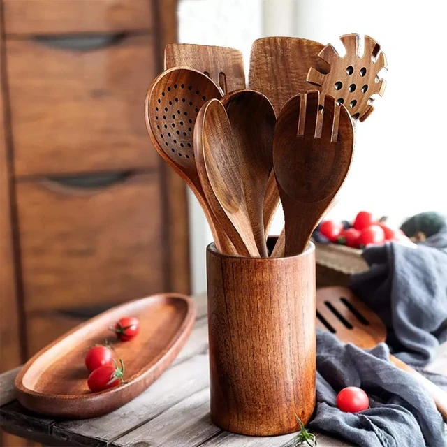 Wood Spoons for Cooking,Nonstick Kitchen Utensil Set,Wooden Spoons Cooking  Utensil Set Non Scratch Natural Teak Wooden Utensils for Cooking(Teak 8