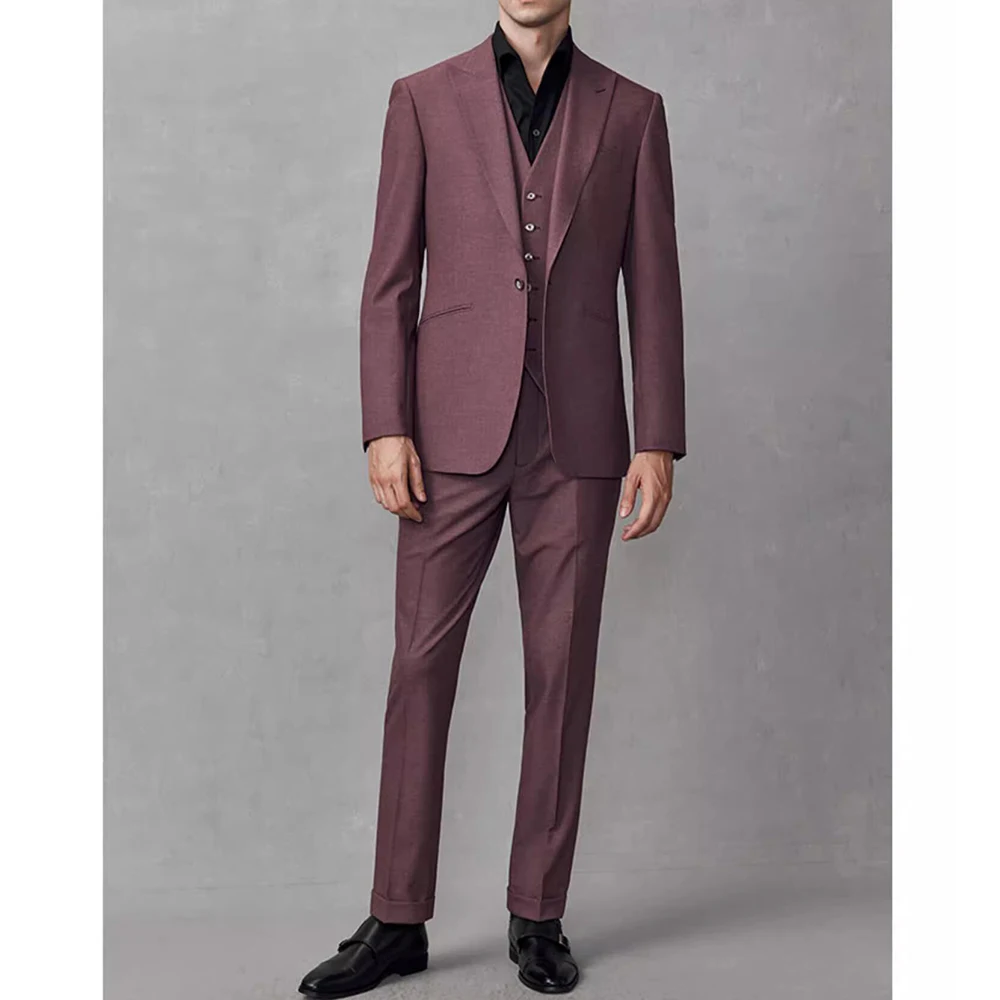 

High-end Men Suits Fashion New Peak Lapel Side Slit Solid Color Male Blazer Smart Casual Groom Wedding 3 Piece Set Male Suit