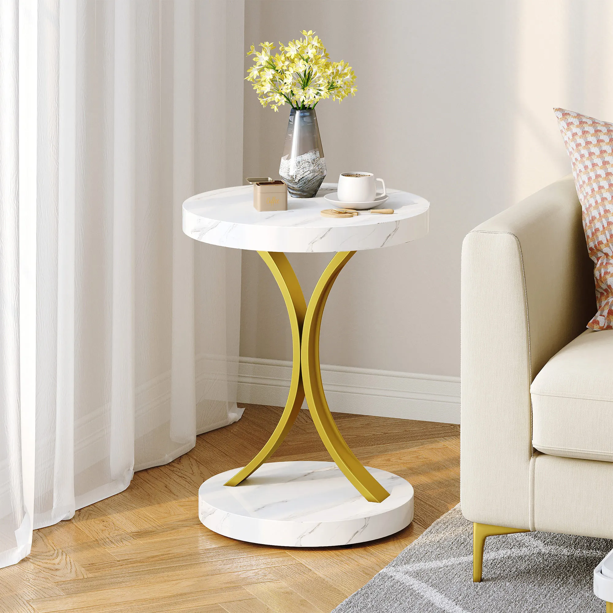 Round Side Tables,Glass End Tables with Faux Marble Top old Coffee Tables with Modern Style, for Living Room,Small End Table