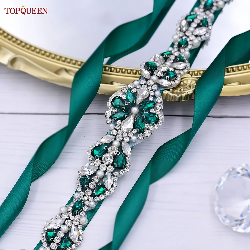 

TOPQUEEN Multi-Style Green Belt Bridal Wedding Dress Accessories Emerald Rhinestone Waistband Women'S Prom Evening Girdles S07