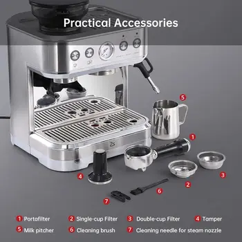 Espresso Machine Stainless Steel Coffee Machine with Milk Frother& Grinder 15 Bar Pump 58mm Sieve Handle Cappuccino Latte Maker 3