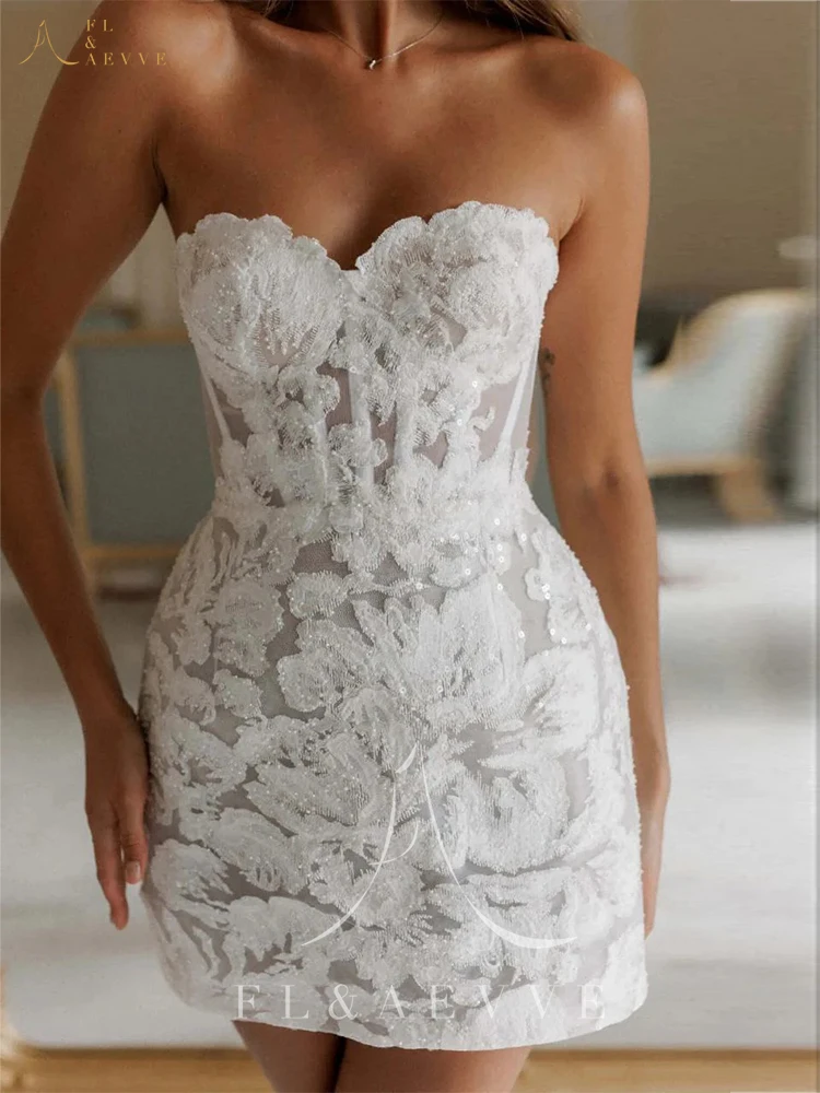FL&AEVVE Sexy Glitter Lace Short Wedding Dresses Beadings Sweetheart Shiny Mini Bridal Gowns Event Formal Party Dress Customized 3