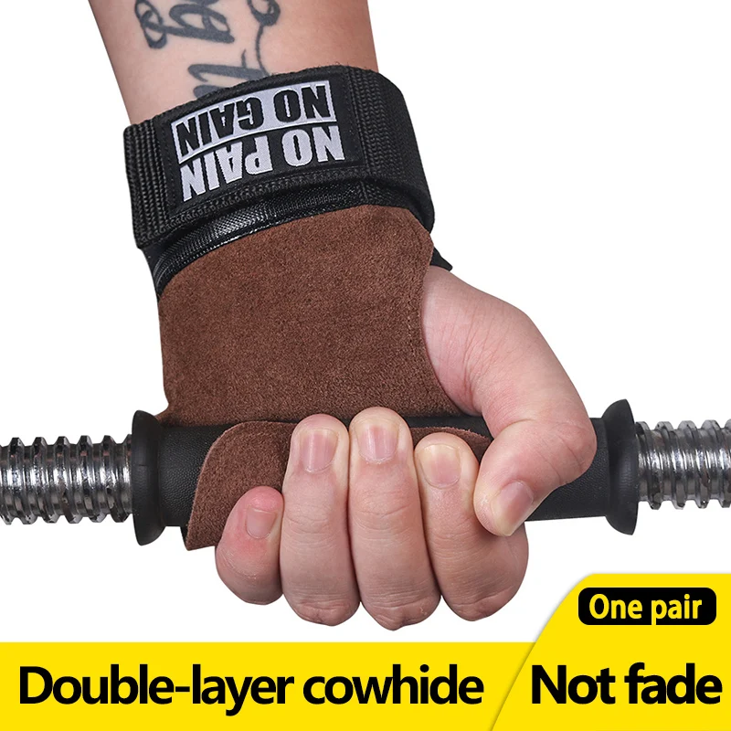 1PairCowhideGymGlovesThicknessYellowBrownAntiSkid