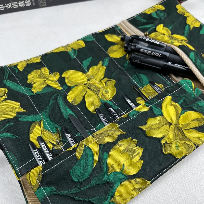 레트로 유화 그레이 꽃무늬 천 펜 커튼 대용량 펜 가방 문구 보관 가방 펜 가방 휴대용 롤링 커튼