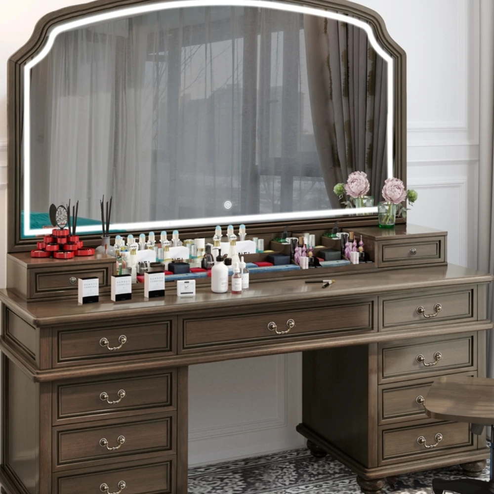 

Solid Wood 1.8-1.6-1.4 M Walnut Color 1.2 Oversized Mirror with Light American Light Luxury Advanced Dressing Table Large