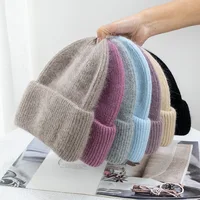 Fashion Warm Cashmere Wool Skullies Angola Rabbit Fur Winter Knitted Beanies Women Cap Female Three Fold Ski Outdoor Hats 1