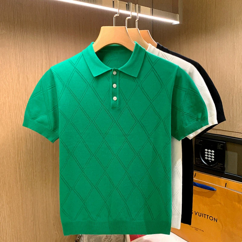 

Korean Men Polo Shirt Camiseta Masculina 2022 Summer Social Solid Color Short Sleeved Knitted Original Slim Fit Clothing Top C40