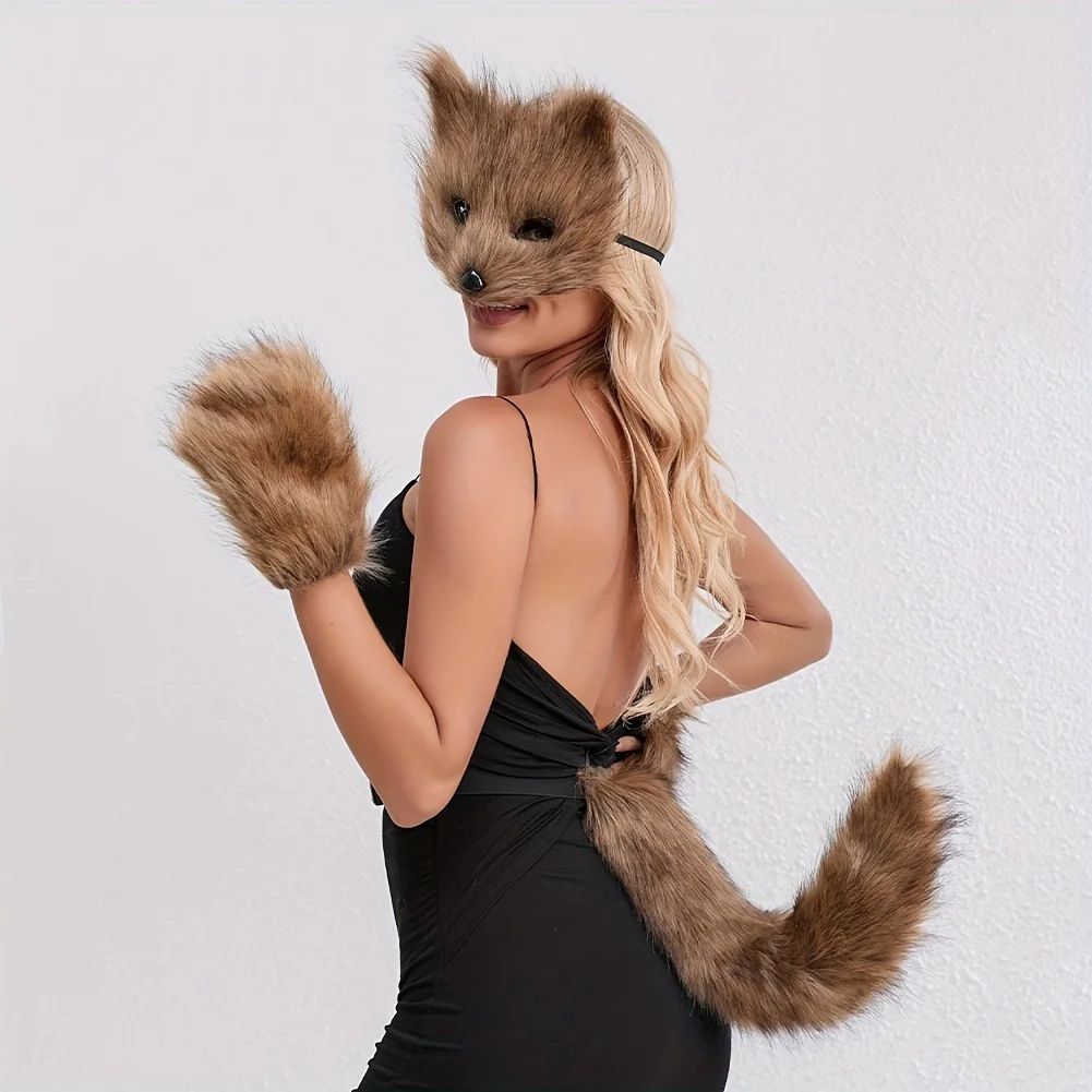 Fluffy Fur Fox Tail  Cat Paws Gloves Set - Wolf Mask Halloween Cosplay Accessories