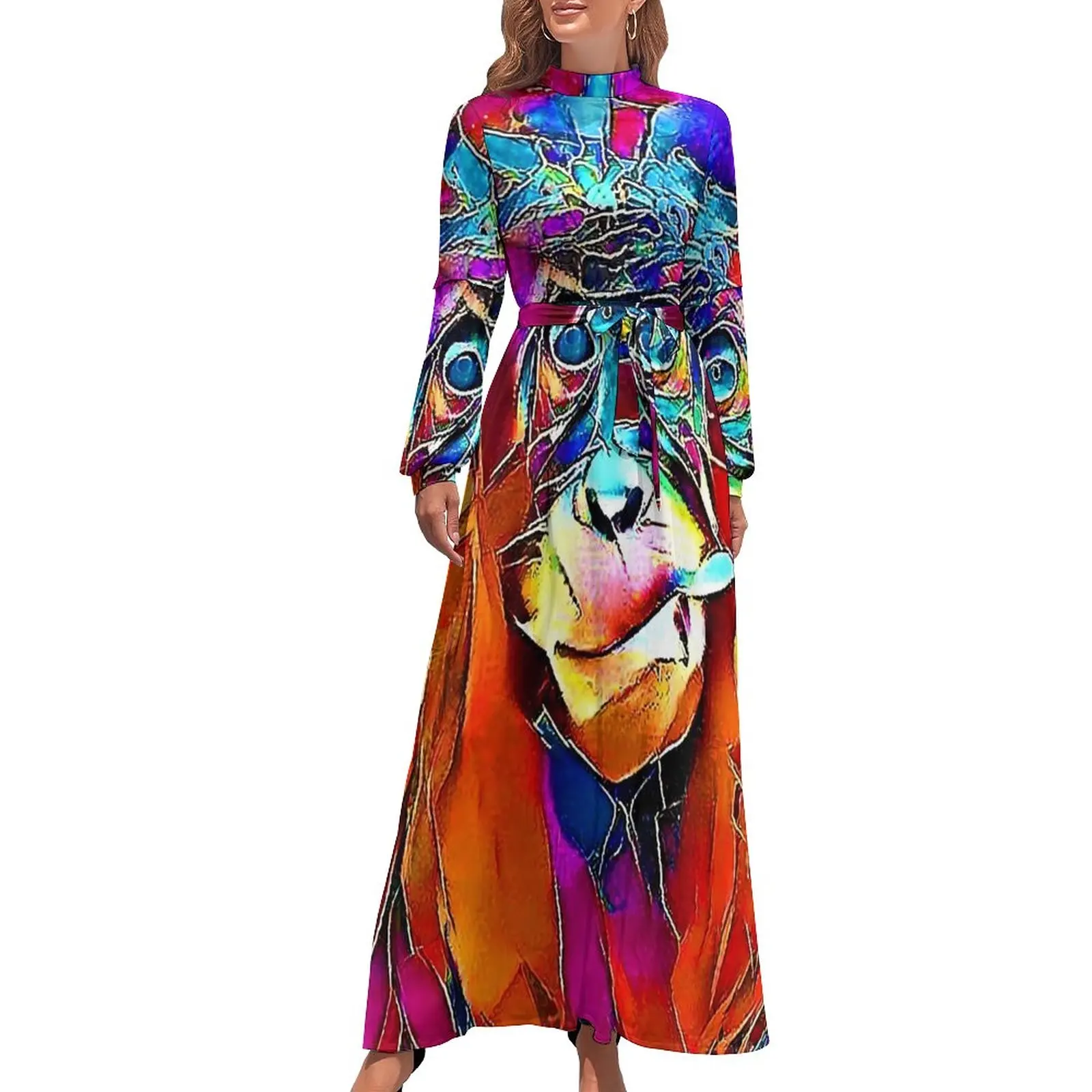 

Monkey Painting Dress Fun Animal Print Street Fashion Beach Dresses Women Long-Sleeve High Neck Vintage Long Maxi Dress