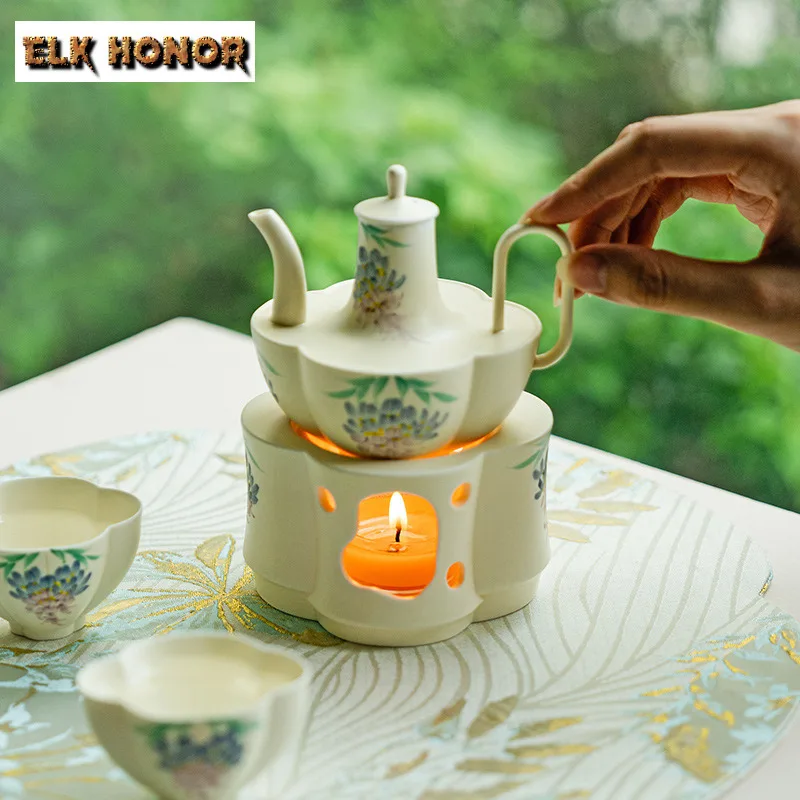 Pure Hand-painted Wisteria Teapot Warmer Boutique Flat Heater Trivet Tea Stove Rack Kettle Stand For Tea Accessories Decoration