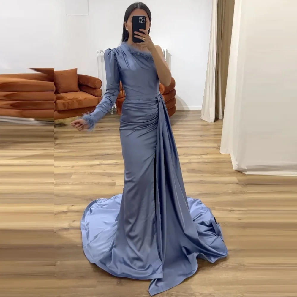 

OEING One-Shoulder Robe De Soirée Custom Made Long Sleeves Feather Elegant Evening Gown Saudi Arabic Party Dress Prom Dresses