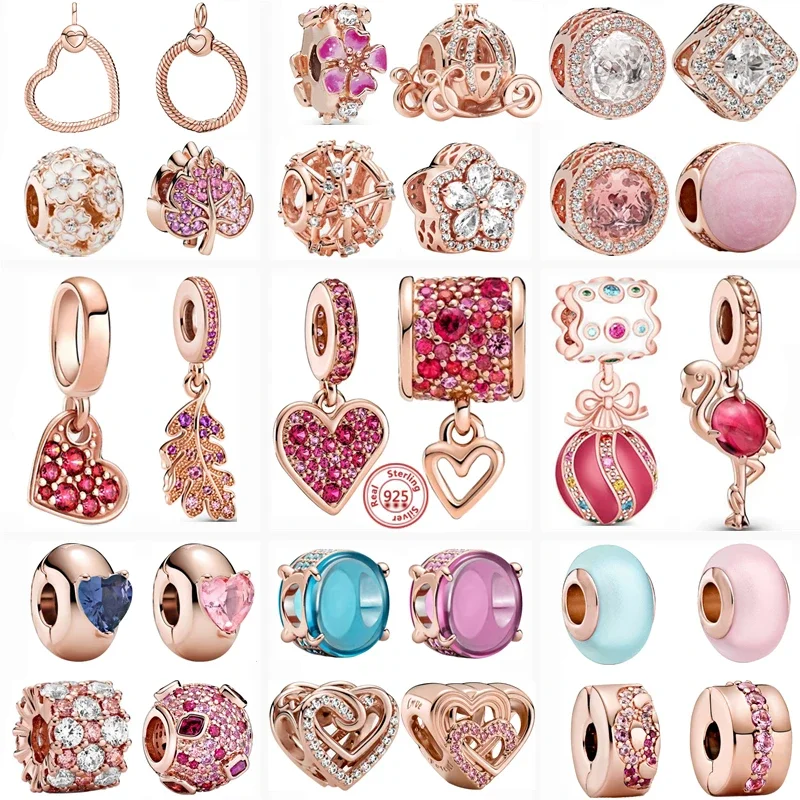 

Hot Sale Rose Gold Series Pink Zircon Leaves Heart Pendant Sparkling Clip Bead Fit Charm Bracelet DIY 925 Silver Jewelry