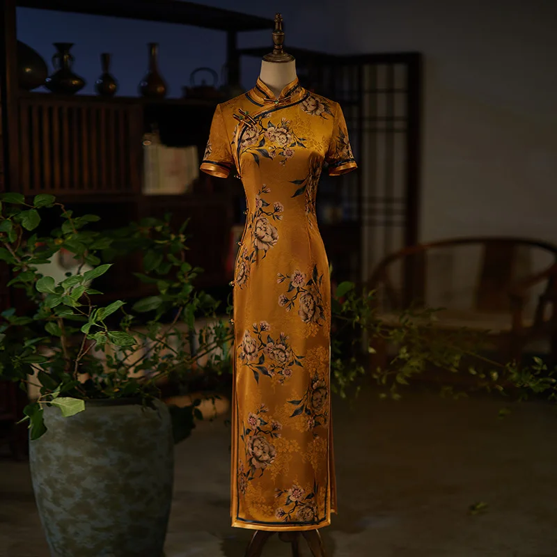 

Summer Elegant Women Short Sleeve Printed Jacquard Satin Chinese Cheongsam Side Eight Buckles Long Style Qipao Dresses