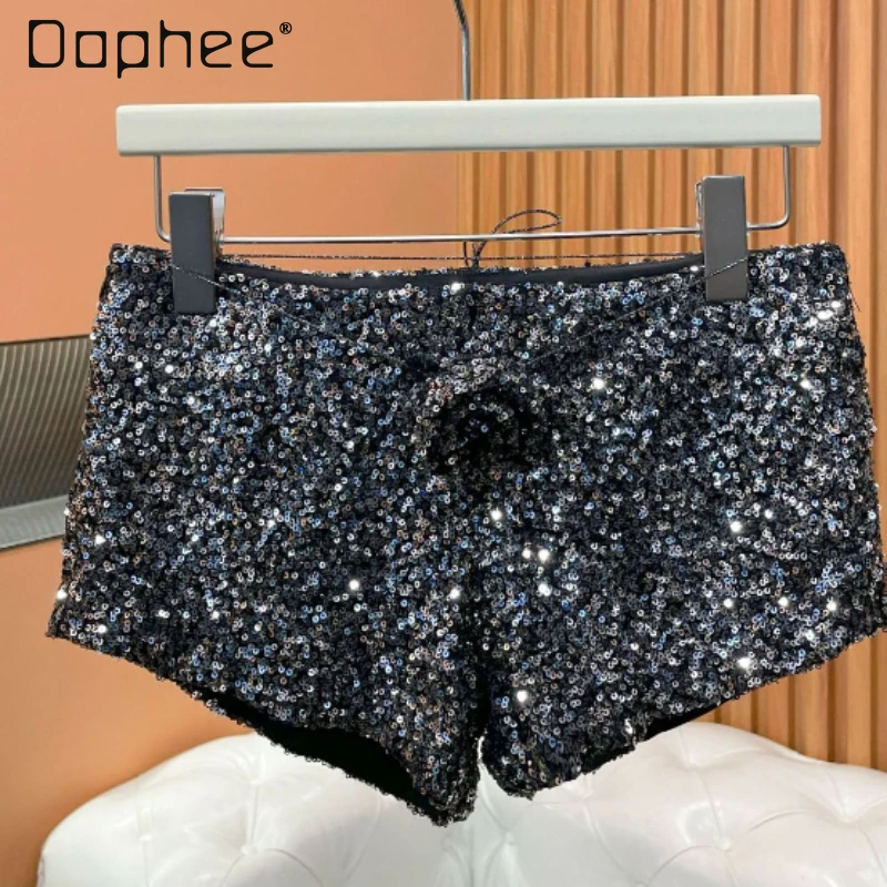 Hot Girls Paillette Jacquard Sheath Shorts 2024 Spring New Sexy Women's Black Sequins Low Waisted Slimming A- Line Hot Pants