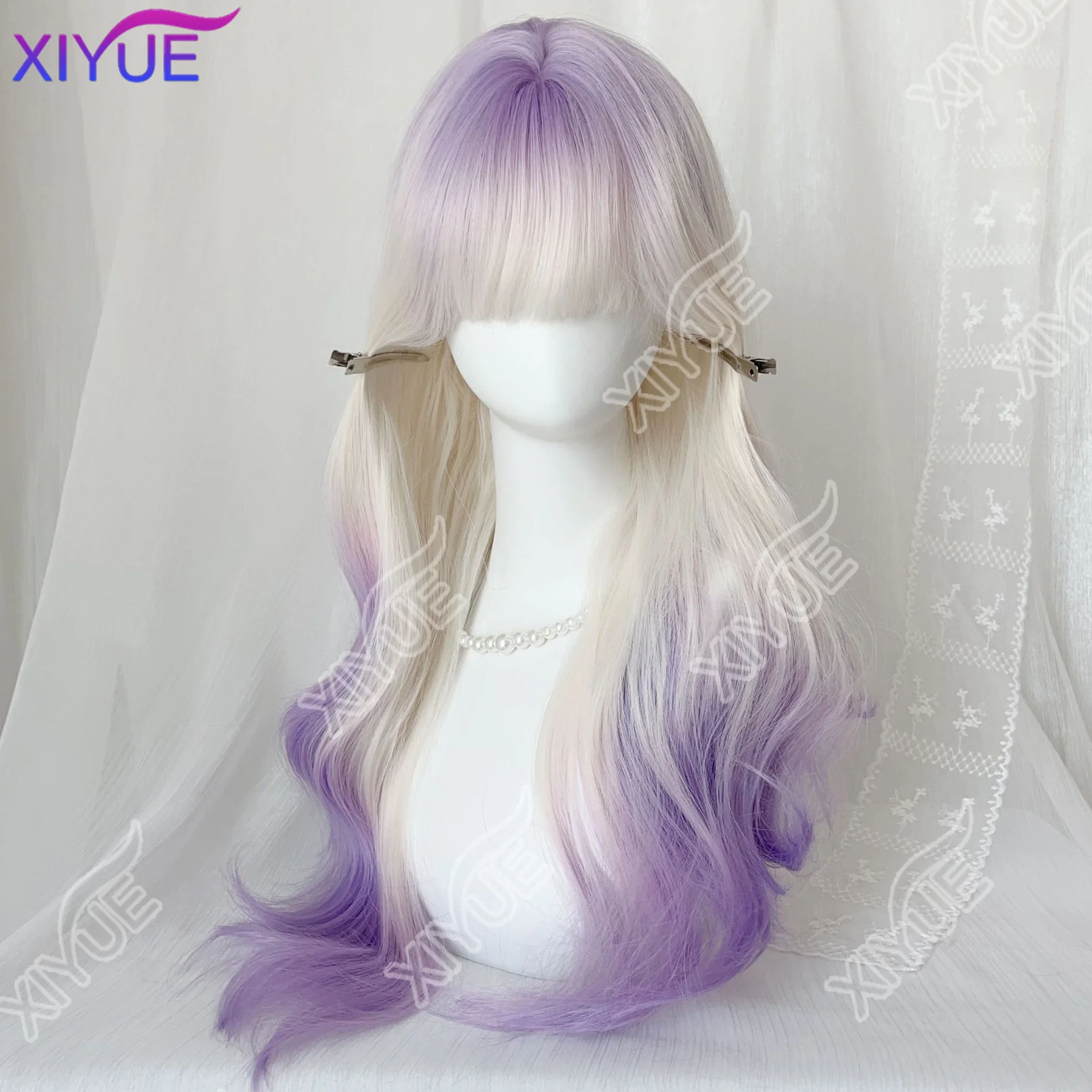 Synthetic Women Lolita Wavy Curly Milk white gradient violet Color Long Curly Hair Wigs With Bangs Cosplay Hair Wig For Daily