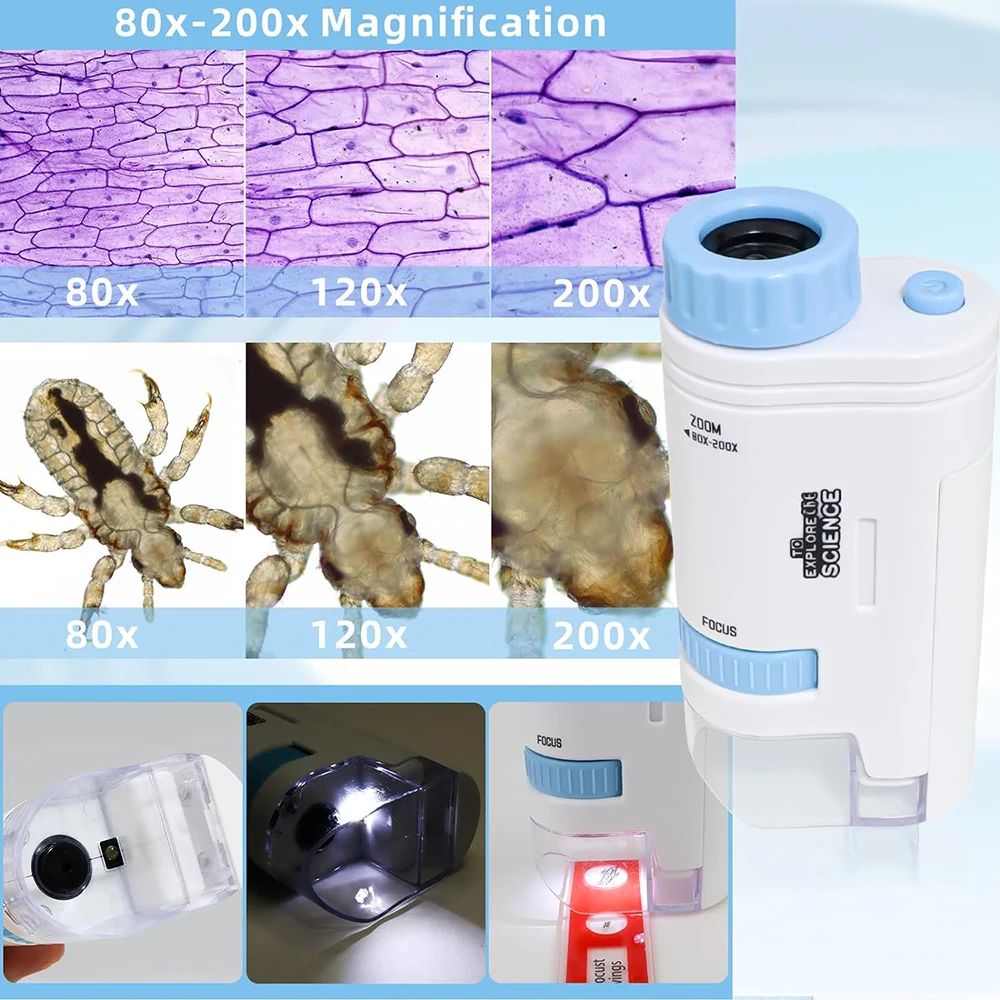 Children's Microscope 60x-200x Biological Microscope Set Portable Microscope Microbiology Exploration for Elementary Students 4