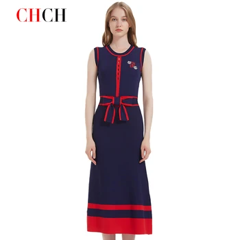 CHCH Women's Dress 2024 New Sleeveless Knitted Long Dress Simple navy blue Business Women's Wear
