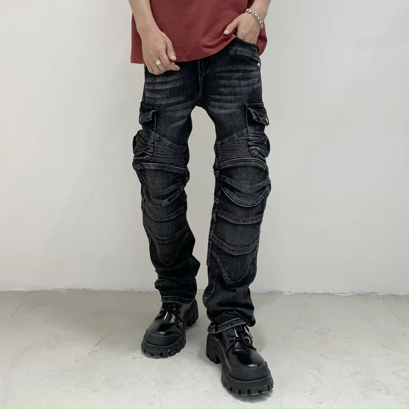 

Motorcycle Jeans Men's Trendy Multi-Pocket Stitching Design Street Handsome Rock Men's Clothing Slim-Fit Straight Trousers