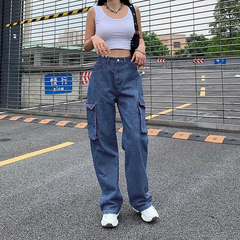 Retro Big Pocket Loose Straight Jeans Women Blue High Waist Casual Pants Spring Autumn Fashion Street Denim Pants Long Trousers