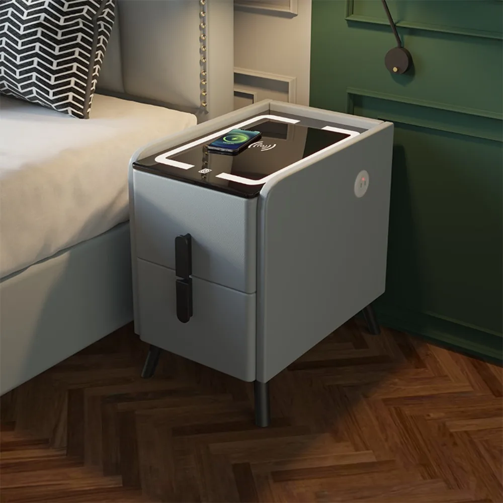 Smart Bedside Table 2 Drawers Night Stand Tri-color Adjustable LED Light Rechargeable Home Side Cabinet with Fingerprints Lock nightstands set