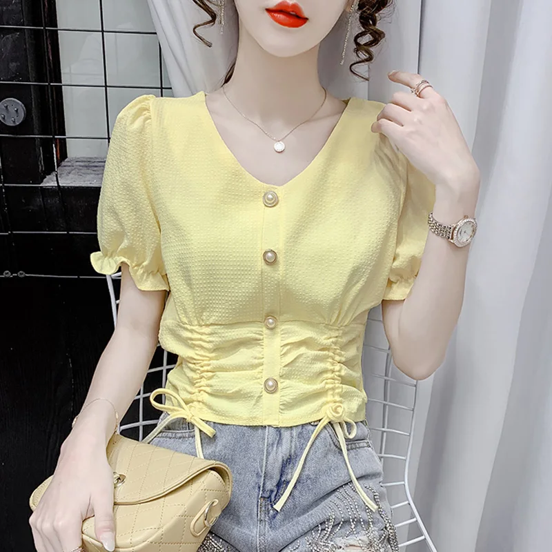 Fashion V-Neck Button Folds Bandage Puff Sleeve Blouse Female Clothing 2024 Summer New Office Lady Tops Solid Color Sweet Shirt