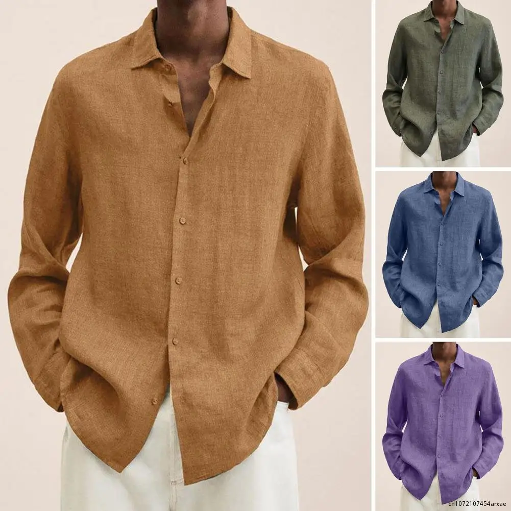 

Men Shirt Solid Color Long Sleeve Casual Shirt Lapel V-neck Buttons Placket Male Tops Loose Fit Single Breasted Shirt For Men