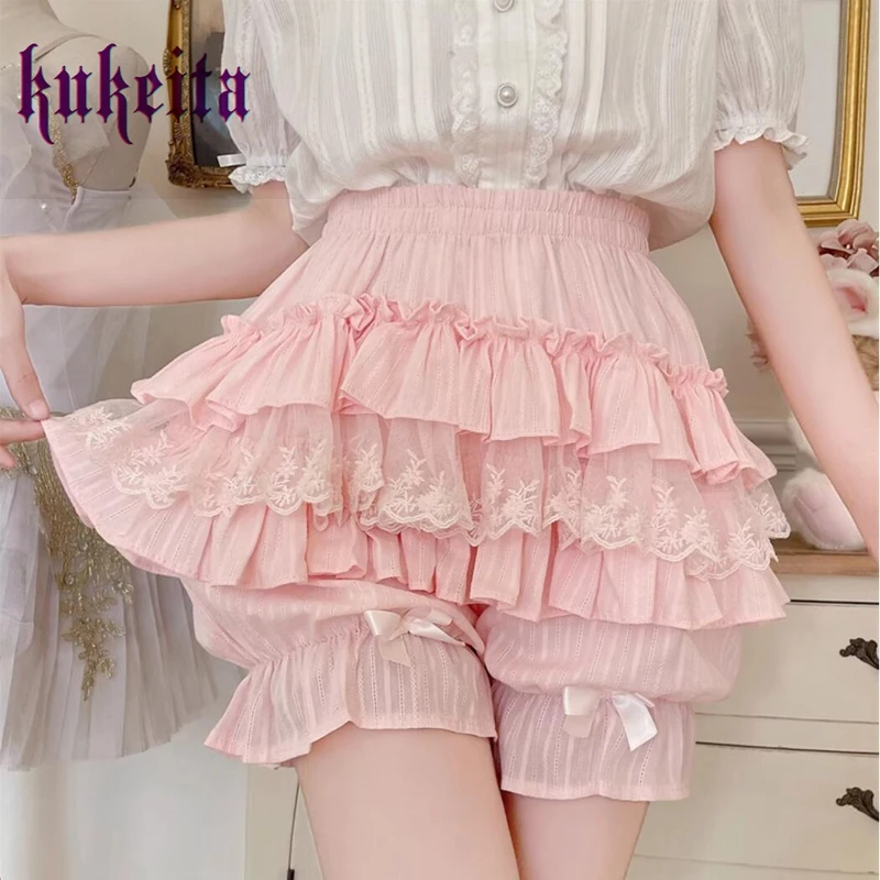 

Kukeita Japanese Harajuku Women Lolita Sweet Pink Lace Shorts Women Aesthetic Cute Bow JK Bloomers Y2k Girls Kawaii Outfits