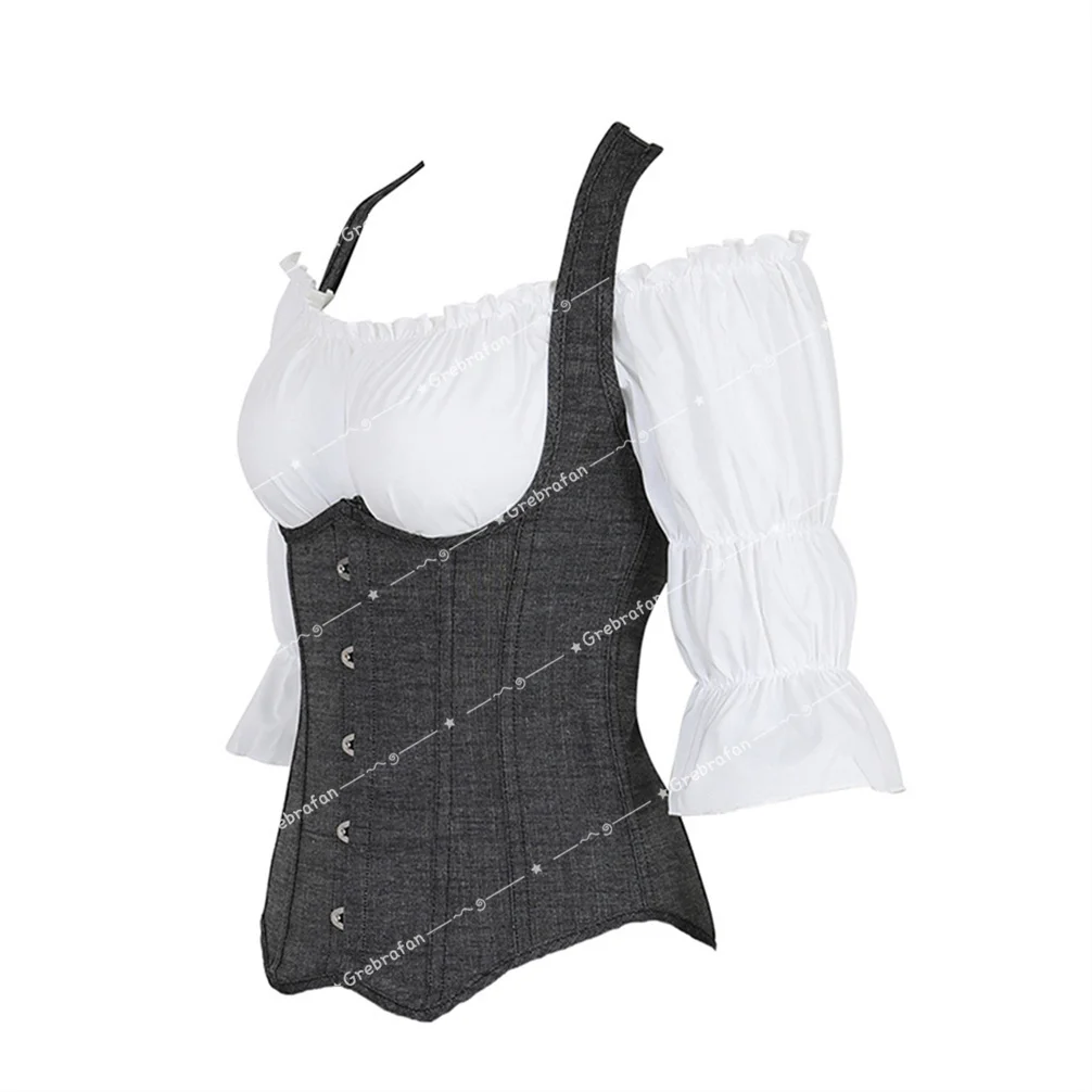 Steampunk Corset Renaissance Blouse 2 Piece Outfits Bustiers Straps with Pirate Shirt Set Gothic Costumes for Women Plus Size