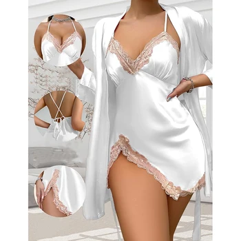 Women's 2-Piece Silky Lace Trim Open Back Camisole & Slit Lounge Set Breathable Sleepwear