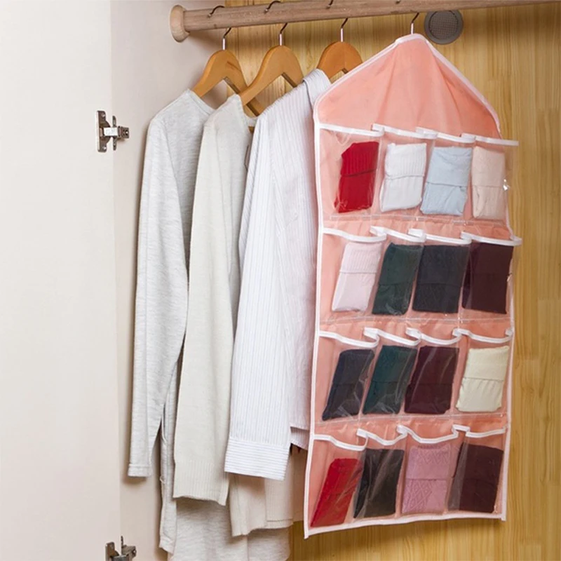 16 Grid Pockets Clear Hanging Storage Organizer for Socks Bra Underwear Stationery