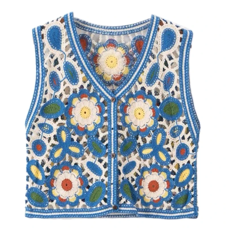 

Y166 Sweet Boho Floral Crochet Waistcoats Hollow Out All-match Embroidery for Tank Tops Casual French Camis for Women