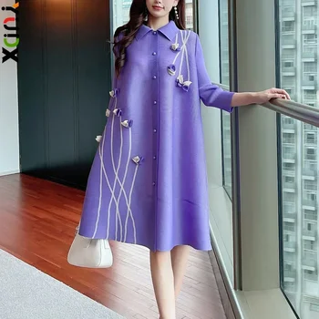 YUDX Miyake Pleated Large Size Dress Dress Lapel Print Loose Large Size Fat Thin Single-breasted Cardigan Dresses 2025 Autumn 1