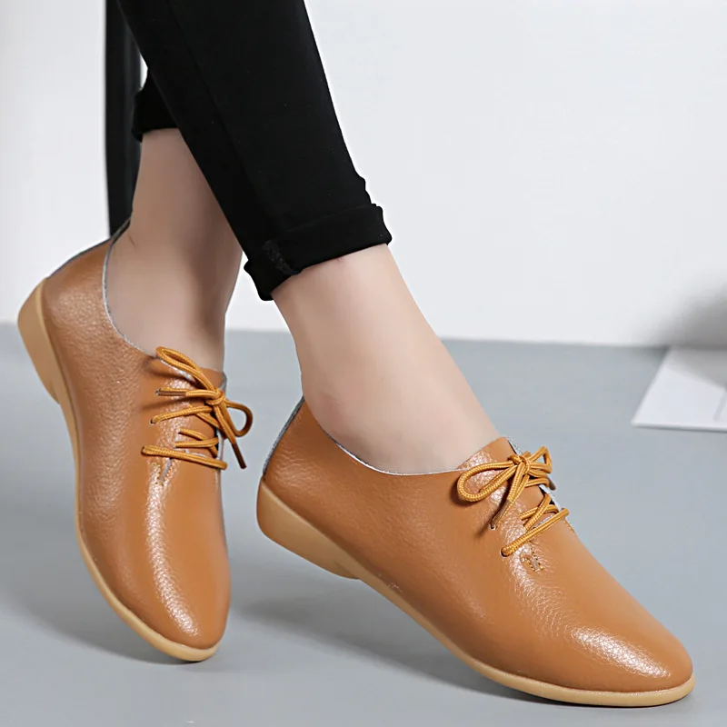 

Spring summer flat heels Genuine Leather casual plus size women's soft shoes lace-up shoes leather flat loafers C1047
