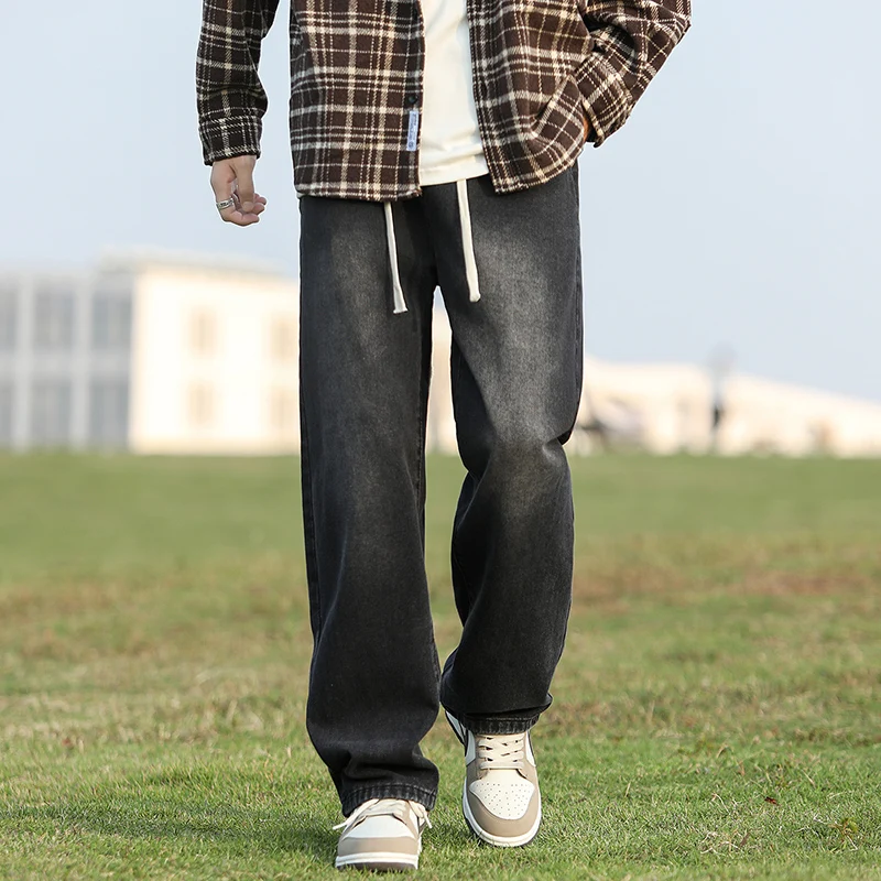 High Waisted Elastic Pockets Drawstring Solid Color Loose Fitting Men's Autumn and Winter Casual Versatile Wide Leg Casual Pants