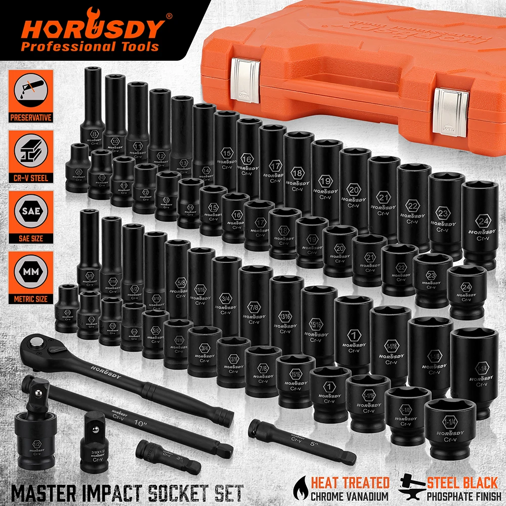 HORUSDY 66Pc 1/2" Impact Socket Set Metric & SAE Deep Sockets Ratchet Wrench