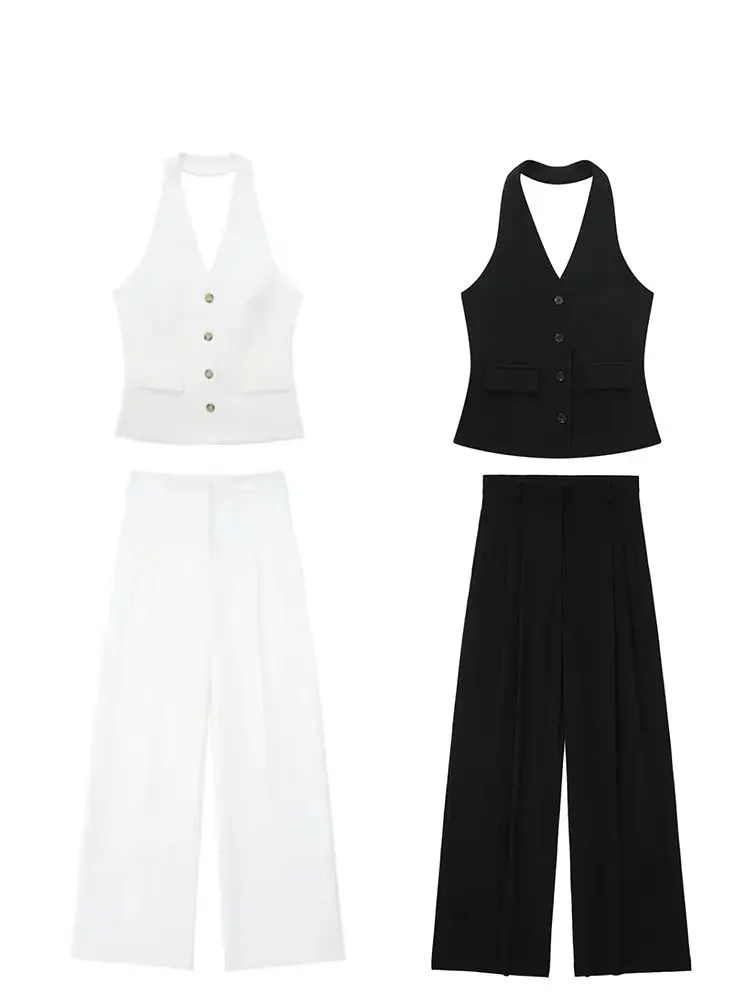 HH Pant Sets For Women Fashion Backless Button Halter Crop Vest Top Straight Pants Trousers Elegant White Suit Streetwear