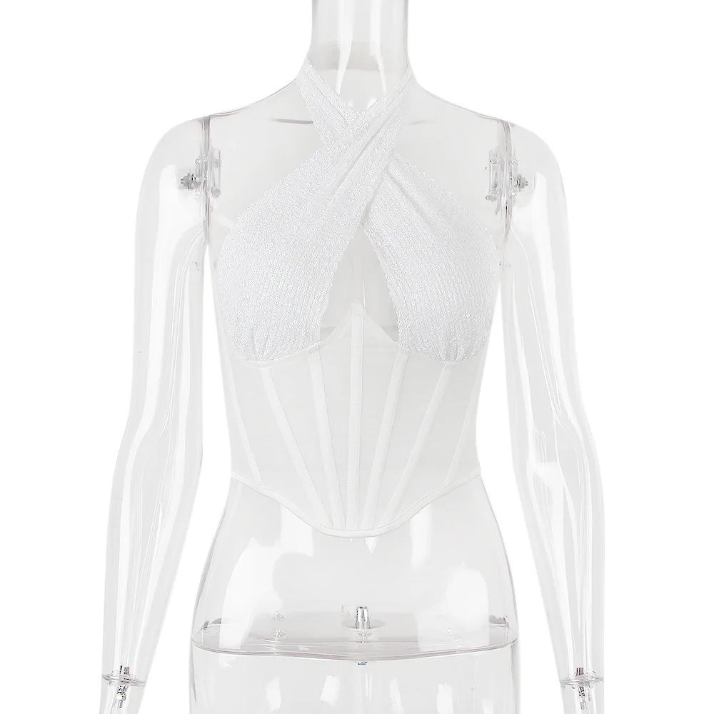 Women Corset 2023 Halter Sequin Bling Sexy Shapewear See Through Hollow Out Waist Cincher Underbust High Street Body Shaper
