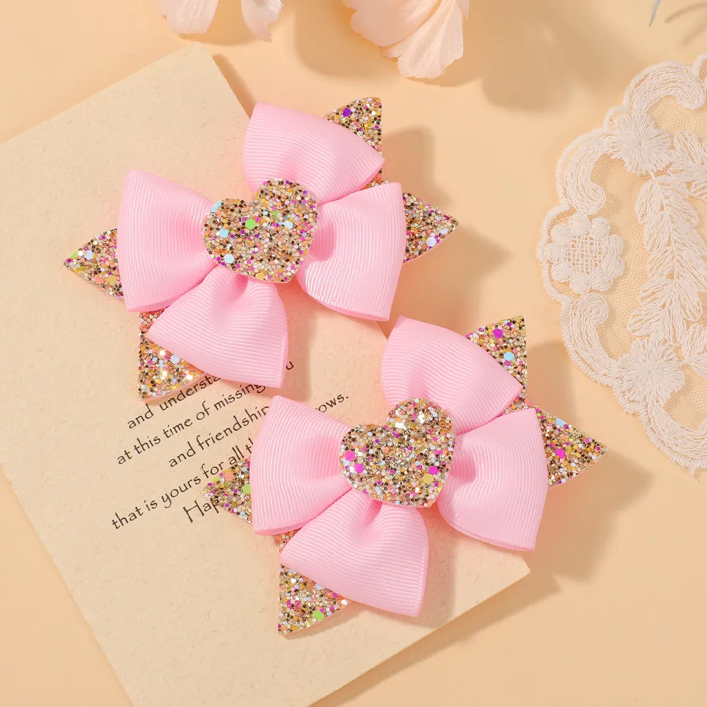 2 Teile/satz Baby Mädchen Liebe Glitter Bowknot Haar Clips Boutique Mode Band Schwalbenschwanz Haarspange Haar Zubehör für Mädchen – Detail 11