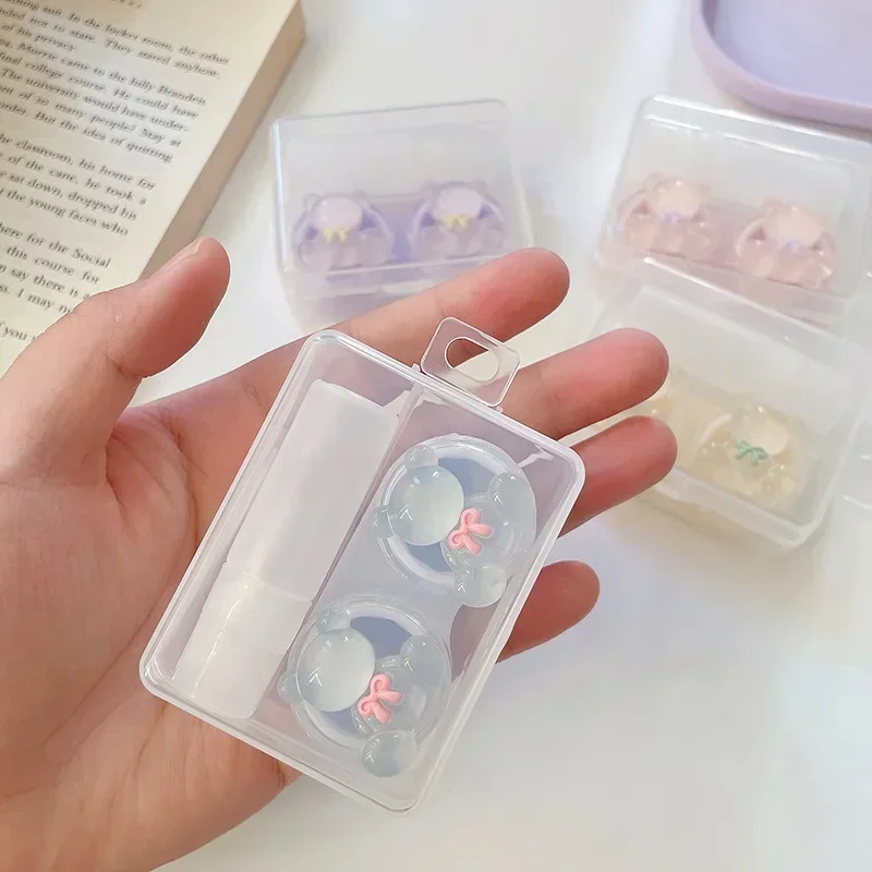 Bling PP Contact Lens Box Container with Tweezer Suction Stick Three-dimensional Crystal Bear Contact Lens Case for Girls