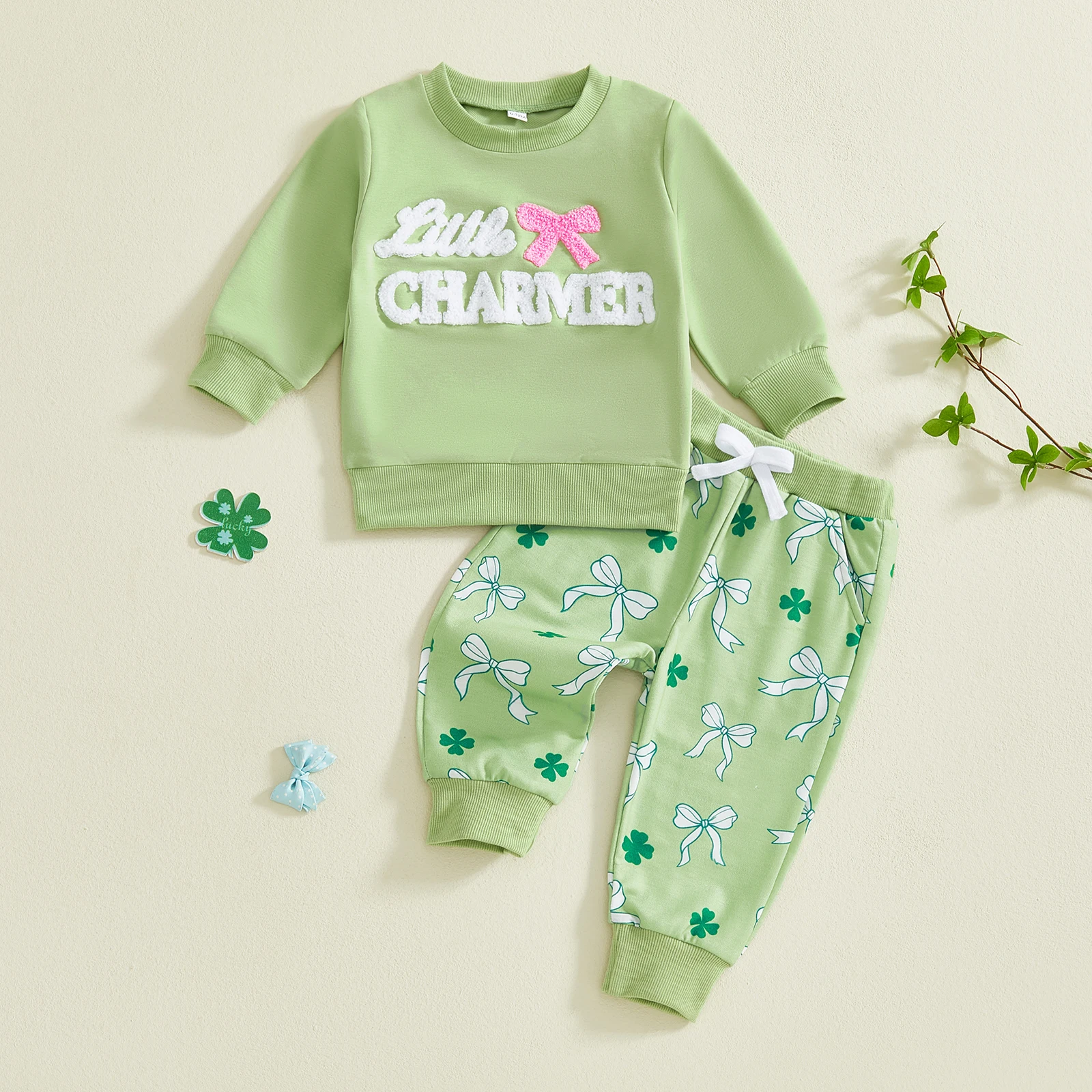 Girls St Patrick s Day Outfit Long Sleeve O Neck Top with Bow Embroidery and Clover Print Pants Set