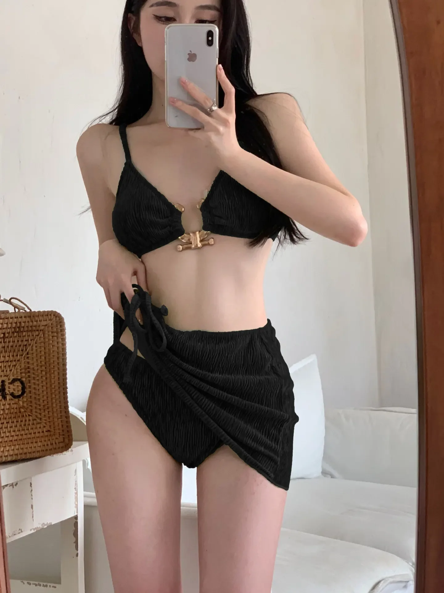 Traje de baño de estilo de vacaciones para mujer, Bikini Sexy, traje de baño dividido, cubierta de falda, conjunto de Bikini de playa de tres piezas 8