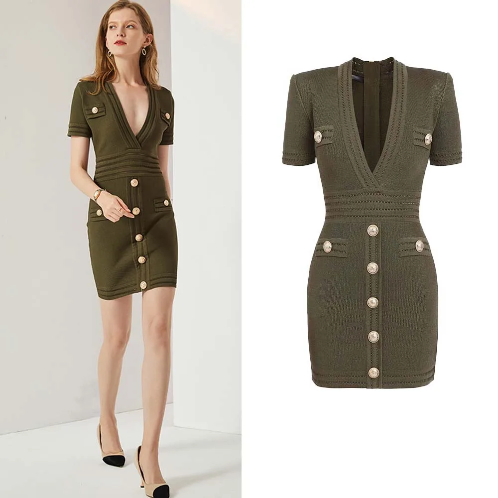 

2022 Spring New Fashion Knitted Short-sleeved V-neck Ins Bag Hip Skirt Army Green Black Texture Women's Dress
