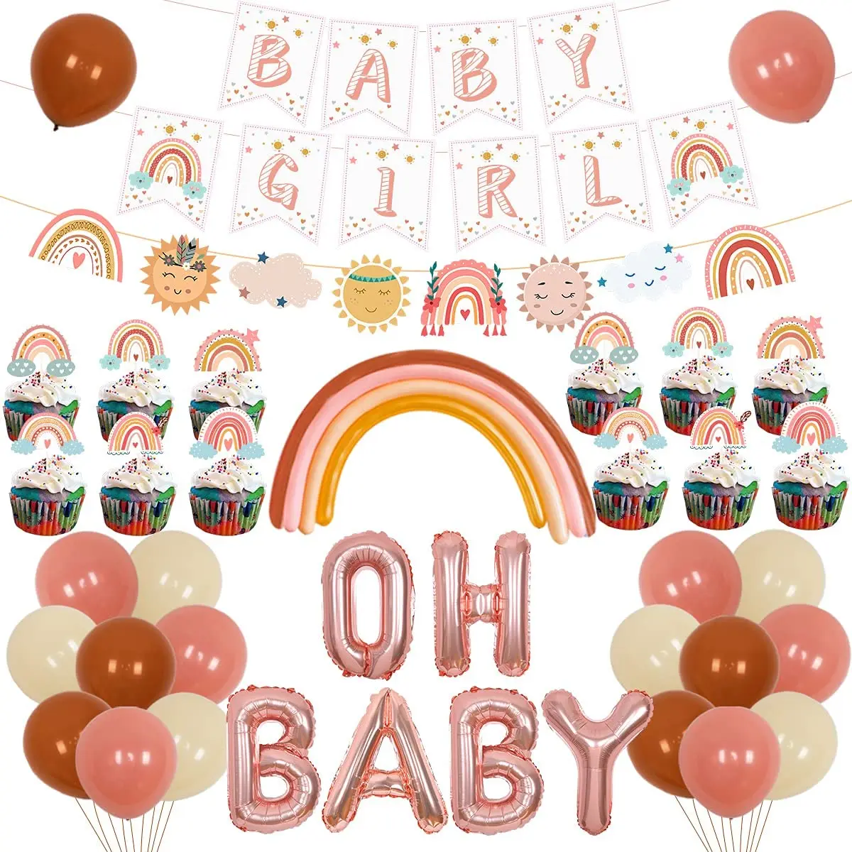 

Boho Rainbow Baby Shower Decorations Bohemian Oh Baby Balloon Baby Girl Banner Cake Toppers for Girl Baby Shower Party Supplies
