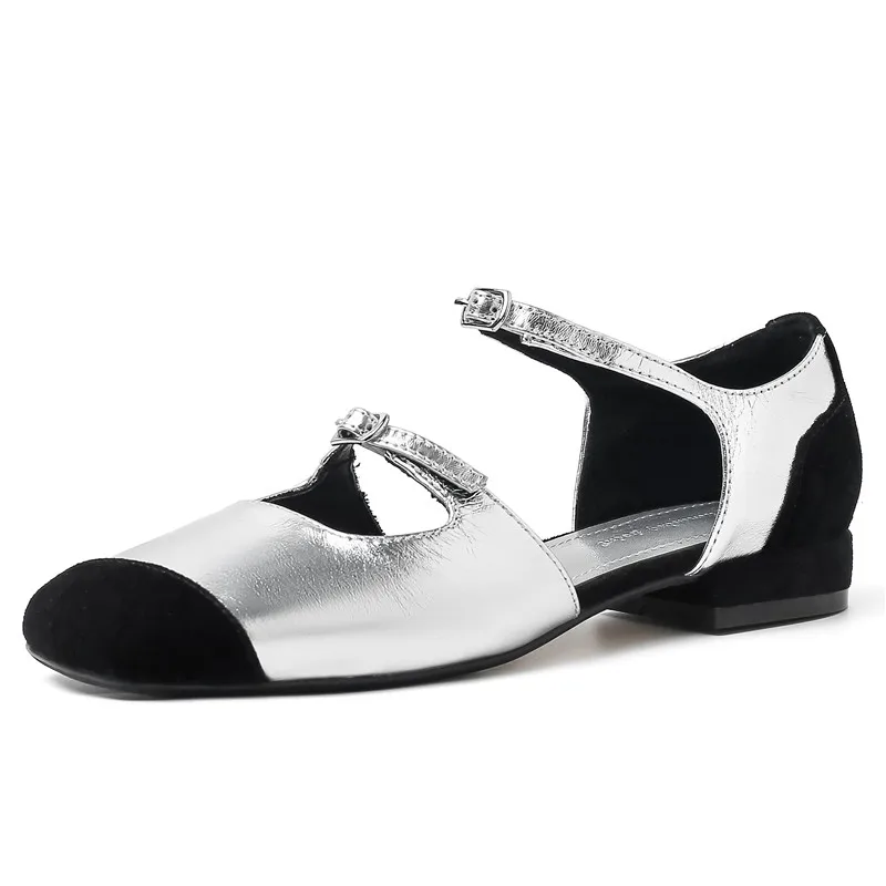 

Sexy Genuine Leather Fashionable Women's Mary Jane Single Shoes Square Toe Color Block Hollow Toe Bag Heel Flat Sandals
