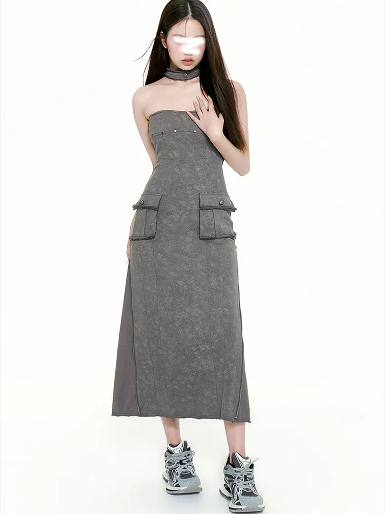 

Summer New Women's Retro Versatile Long Dress Slim Fit Elegant Sexy Off Shoulder Grey Dress