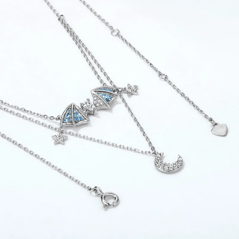 

Women Colorful Zircon Star Moon Bat Pendant Double Layered Necklace S925 Sterling Silver Jewelry For Girlfriend Mom Gifts