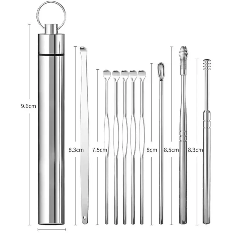 A set of 9 or 10 stainless steel ear wax pickers and curettes for ear cleaning and wax removal.