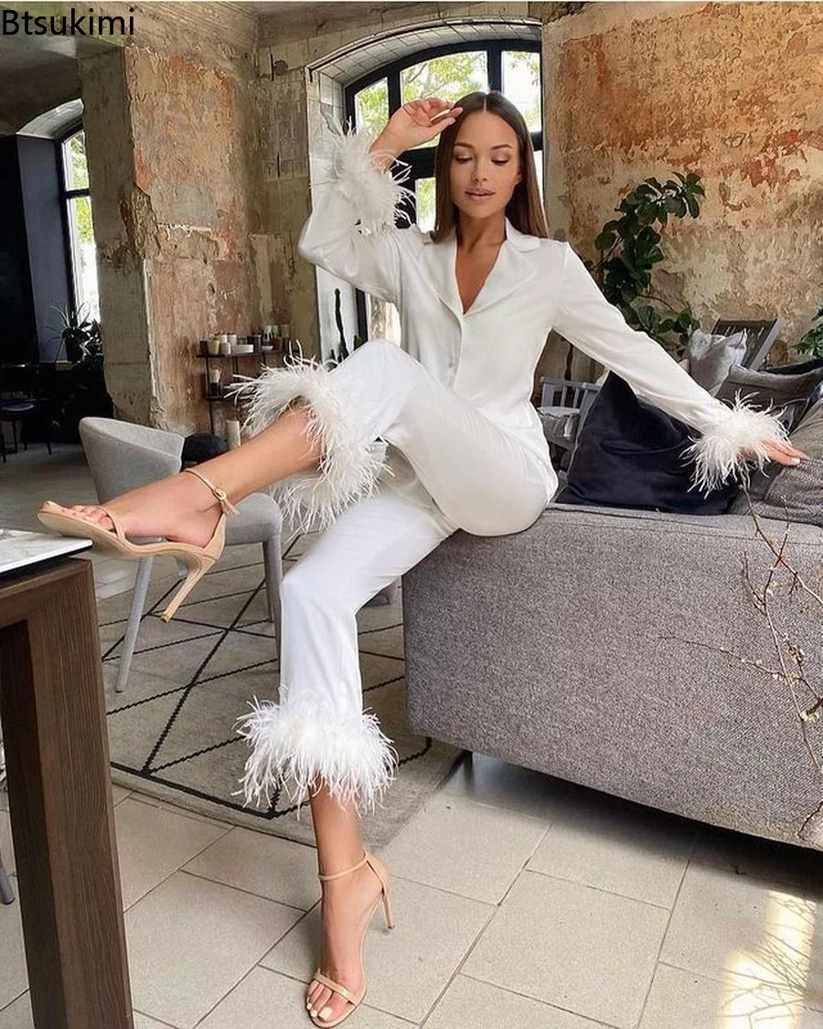 New Satin Women Pajamas 2 Piece Set Sleepwear with Feather Cuff Soft Elgant Pajamas Women Nightgown Luxury Ladies' Sleepwear